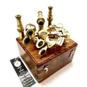 Vintage Marine Astrolabe Ship's Instruments with Wooden Box Brass Sextant Gift - Picture 1 of 18