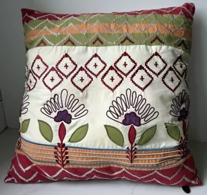 Pier 1 Embroidered Floral Decorative Pillow Zip Orange/Red/Purple 17.5” Sq. UC - Picture 1 of 8