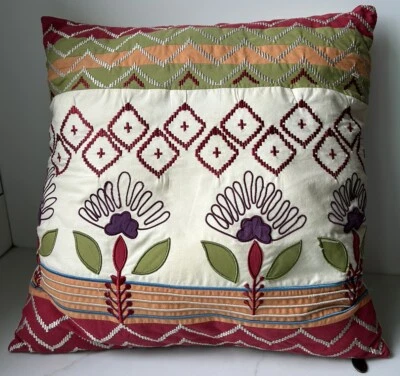 Pier 1 Embroidered Floral Decorative Pillow Zip Orange/Red/Purple 17.5” Sq. UC - Image 1 of 4