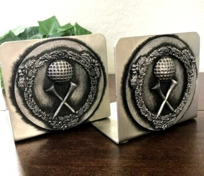Juego/2 sujetalibros de peltre deportes en relieve pelota de golf y camisetas arte metálico pesado bien hecho Foto 1 de 4
