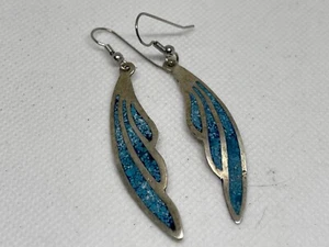 Vintage 1970's Alpaca Silver Inlaid Turquoise Southwestern Feather Earrings 2" - Picture 1 of 1