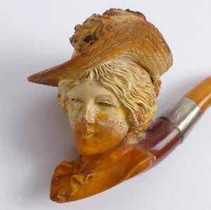VICTORIAN CARVED MEERSCHAUM LADYS HEAD PIPE, AMBER STEM AND SILVER COLLAR - Picture 1 of 7