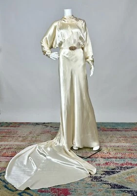 Antique 1920s 1930s Bias Cut Silk Wedding Gown Cream Liquid Satin Dress As Is - Image 1 of 4