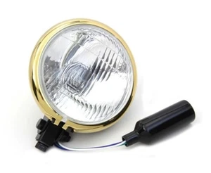 BRASS BEZEL & BLACK 5-3/4" 12-VOLT H4 HEADLAMP HEADLIGHT HARLEY BOBBER CHOPPER - Picture 1 of 4