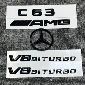 GLOSS BLACK REAR BADGES EMBLEMS FOR MERCEDES C CLASS W204 C63 SALOON COUPE 08-14 - Picture 1 of 4