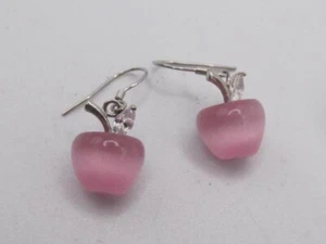 Sterlingsilber 925 Rosa Katzenauge (Glas) Apfel Ohrringe CZ Haken Hängel - Bild 1 von 8