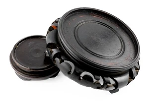 Antique Chinese Brown Carved Wood Stands Plate Base Qing Era 20th Century - Picture 1 of 10