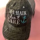 Beach Hair Don&#39;t Care Gray Distressed Embroidered Mesh Back Trucker Hat Cap