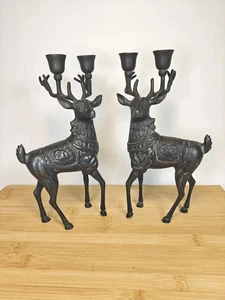 Pair Of Brass Reindeer Candle Holders Antiqued 10 Inch Tall Patina Christmas - Picture 1 of 19