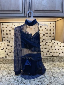 Navy Blue Lyrical Dance Solo Costume- One Sleeve, Rhinestones, Mesh Detail - Picture 1 of 5