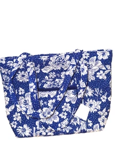 Vera Bradley Large Vera Tote Royal Blue White Rain Garden Bag Work School Travel - Picture 1 of 3