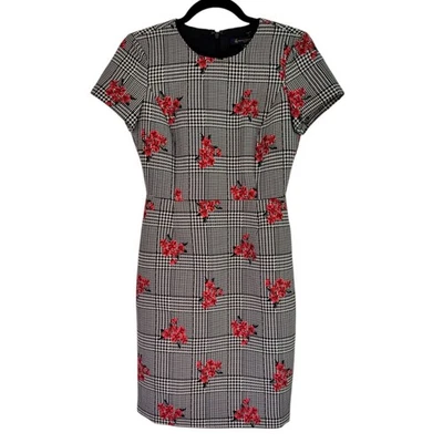 Brooks Brothers Houndstooth 红色花卉印花短袖紧身连衣裙 2P 码 — 第 1/4 张图片
