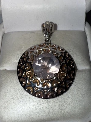 ESTATE Solid Sterling Silver Large Round-Cut Natural Rose Quartz Circle Pendant - Image 1 of 4