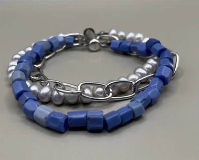 Women’s Bracelet Sterling Silver 925 Chain Links Pearls Blue Stones Beaded - Image 1 of 4