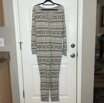 Pijama Fair Isle estampado nórdico zorro de una pieza largo gris blanco, grande Foto 1 de 4