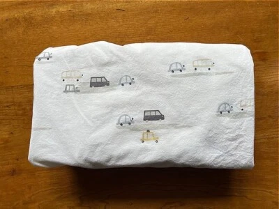 Pottery Barn Kids Crib Sheet Cotton Fitted White Grey Car Bus Vehicle MCM - Image 1 of 3
