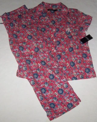NWT Ralph Lauren PINK/BLUE/WHITE FLORAL Jersey Knit CAPRI Pajama/Lounge Set XL - Image 1 of 3