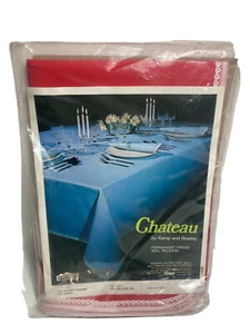 Kemp Beatley Tablecloth Farmhouse Red White Lace Trim Oblong 52x70 Chateau 1960s - Picture 1 of 5