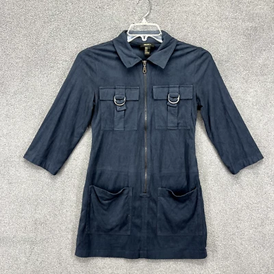 Forever 21 shirt Dress Medium Navy Blue faux suede Military cargo front zip - Image 1 of 4