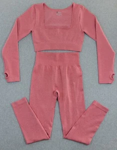 Women Workout Two Piece Set Medium Pink Exercise Long Sleeve Tops High Waist - Picture 1 of 10