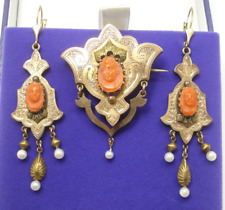 Antique Victorian Carved Mediterranean Red Coral Cameo 1.75" Brooch Earrings Set