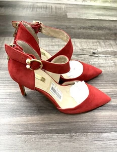Louise et Cie Women’s Leather Stiletto Red Heels Ankle Strap Pearl Pumps Sz 8.5M - Picture 1 of 11