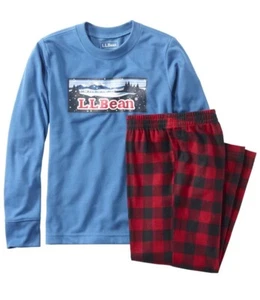 LL Bean Kids Pajamas Set Size 4 Graphic Printed top Plaid Flannel Pants NEW - Picture 1 of 11