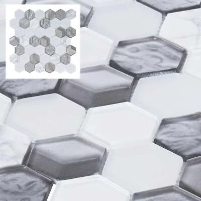 Salpicadero de azulejos de mosaico de vidrio gris metálico piedra mármol carrara blanco hexagonal Foto 1 de 4