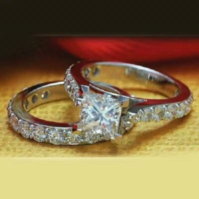 1.2CT White Princess Moissanite Wedding Matching Bridal Ring 14K White Gold Set - Image 1 of 4