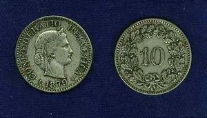 SWITZERLAND REPUBLIC 1879-B 10 RAPPEN XF - Picture 1 of 1
