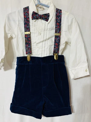 Vintage Good Lad Toddler Boy 2T Overalls Velvet Shorts & Shirt Set Navy With Tie - Image 1 of 4