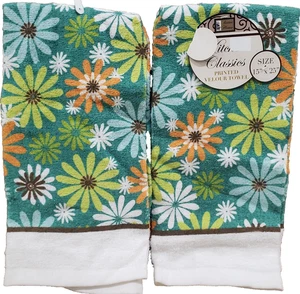 Set of 2 Same Printed Kitchen Terry Towels(15"x25") COLORFUL FLOWERS ON GREEN,BH - Picture 1 of 17