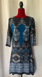 REBORN Turquoise Paisley Print 3/4 Sleeve Maxi Dress Handkerchief Hem Women's S - Picture 1 of 5
