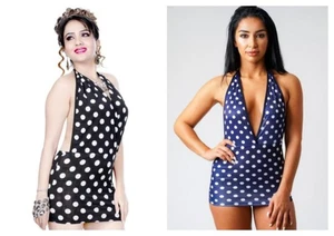 Black & Navy Blue Polka Dot Halterneck Dresses - Sexy Bodycon Party Clubwear UK - Picture 1 of 18