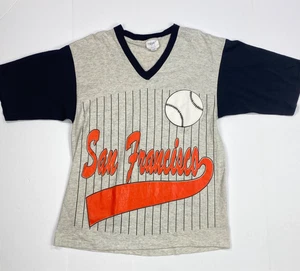 Vintage San Francisco T Shirt Jersey PInstripe Sz L Gray Ringer V Neck - Picture 1 of 10