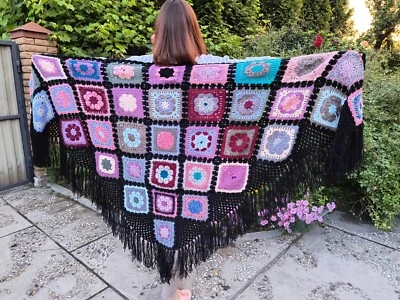 Granny Chal Cuadrado Lana Crochet Triángulo Hombro Envoltura Grande Tejido Capa Flecos Foto 1 de 4