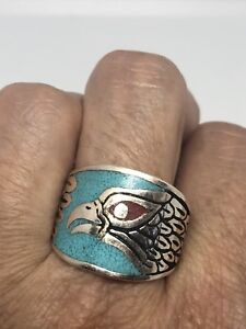 1980's Vintage Silver White Bronze Size 9 Men's Hawk Turquoise Inlay Ring