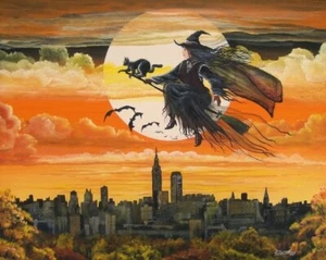 Volkskunst HALLOWEEN "Stadthexe" DRUCK Hexe fliegt über NYC Byrum Art - Bild 1 von 1