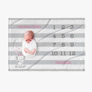 30 x 40 Personalized Striped Baby Girl Milestone Blanket | Months | Name | Pink - Picture 1 of 4