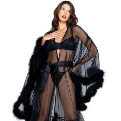 Hollywood Glam Luxury Long Robe Sheer Marabou Trim Long Sleeves Black LI532 - Image 1 of 4