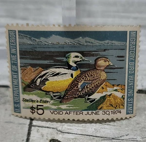 1973-1974 Estampilla de caza de patos de aves migratorias de EE. UU. - $5.00 - Steller's Eider - Imagen 1 de 5