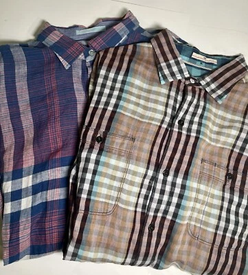 2 Tommy Bahama Dress Shirts Mens SZ L Blue Orange/Red Plaids Linen Cotton - Image 1 of 4