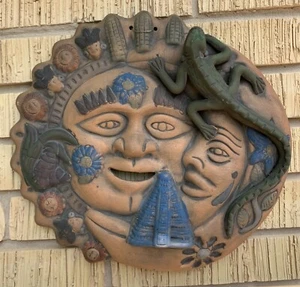 Arte popular mexicano terracota maya vintage arcilla colgante de pared luna sol lagarto 15" - Imagen 1 de 6