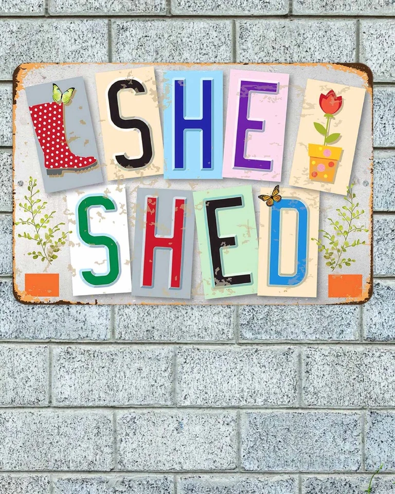 She Shed 标志铝金属 8 英寸 x 12 英寸五颜六色的乡村风格 — 第 1/1 张图片