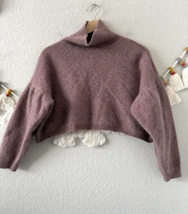 Free People 100% Cashmere Blouson Sleeve Purple Knit Crop Mock Neck Sweater Cozy - Picture 1 of 10