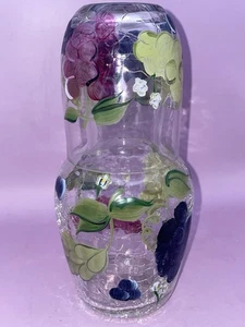 Hand Painted Clear Crackle Glass Tumbler Bedside Carafe Vineyard Grapes Design - Picture 1 of 8