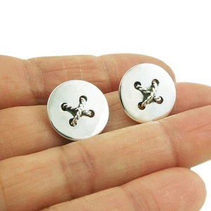 925 Silver Button Earrings Solid Sewing Fashion Clothes Design Studs for Women - Picture 1 of 5