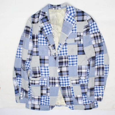 Casaco esportivo Madras patchwork personalizado masculino 38S azul claro branco xadrez jaqueta blazer - Imagem 1 de 4
