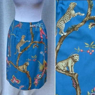 Mini saia lápis Steven Stolman vintage azul chinoiserie macaco onça cetim - Imagem 1 de 4