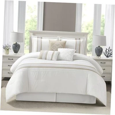  Juego de edredón a rayas de 7 piezas tamaño ropa de cama de microfibra, para todas las estaciones Queen Taupe Foto 1 de 4